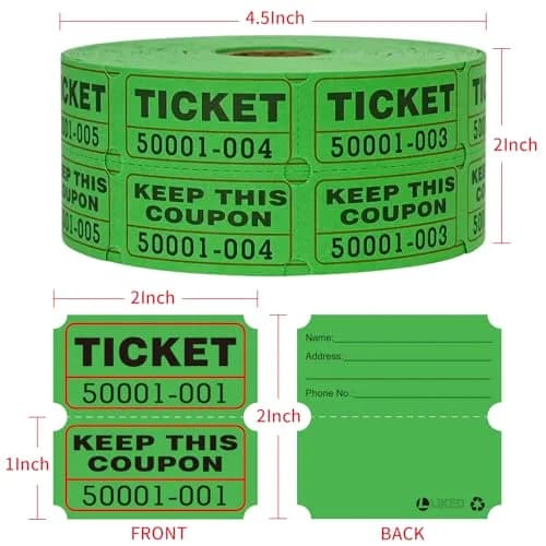 L LIKED Green Raffle Tickets 2" x 2", Double Roll, 1000 Pairs/Roll | Consecutive Numbering for Easy Event Management thumbnail 3