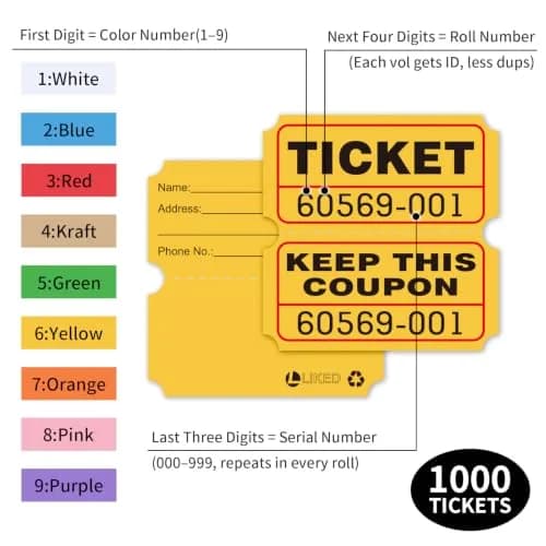 L LIKED Yellow Raffle Tickets 2" x 2" Double Roll (1000 Pairs) | Consecutive Numbering for Easy Event Management thumbnail 2