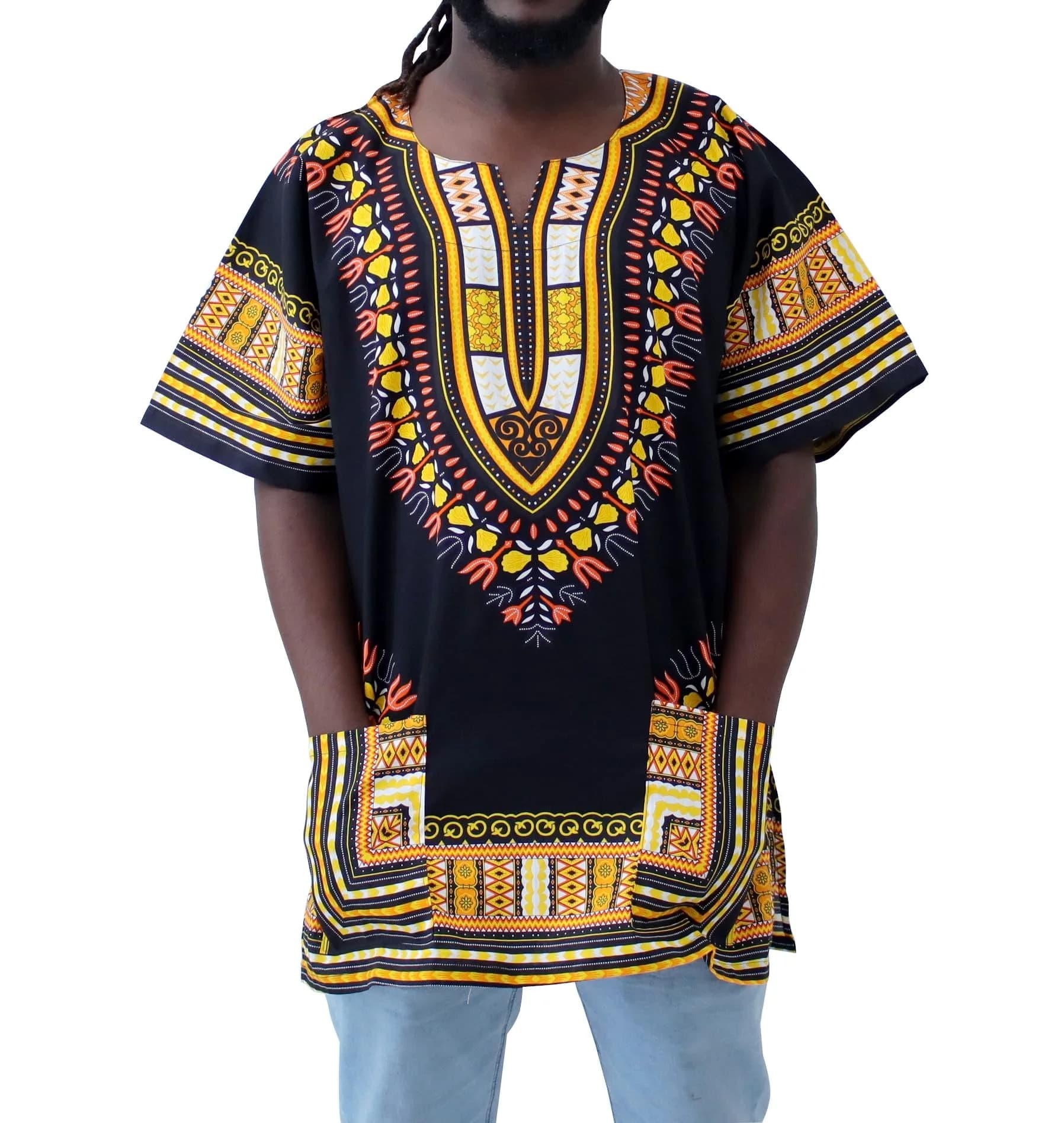 DA'IKI Dashiki Cotton Shirt African Tribal Kaftan Unisex X-Large | Vibrant Summer Cotton — Dashiki - Black Yellow