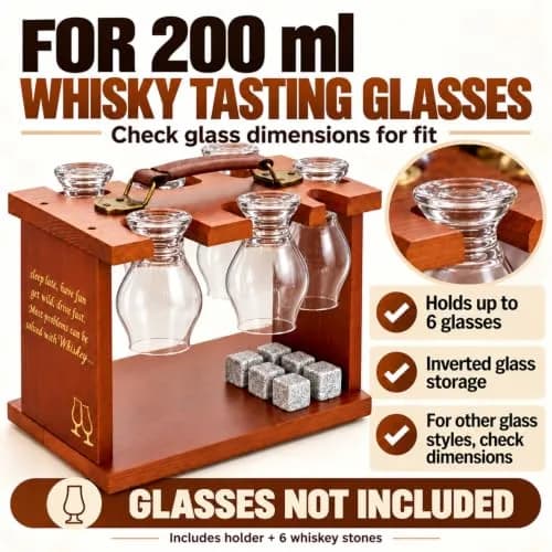 DOUDIZHU Wooden Whiskey Tasting Glass Organizer with Stones | Holds 6 Glencairn thumbnail 4