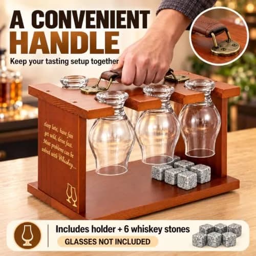DOUDIZHU Wooden Whiskey Tasting Glass Organizer with Stones | Holds 6 Glencairn thumbnail 6