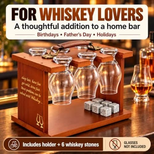 DOUDIZHU Wooden Whiskey Tasting Glass Organizer with Stones | Holds 6 Glencairn thumbnail 7
