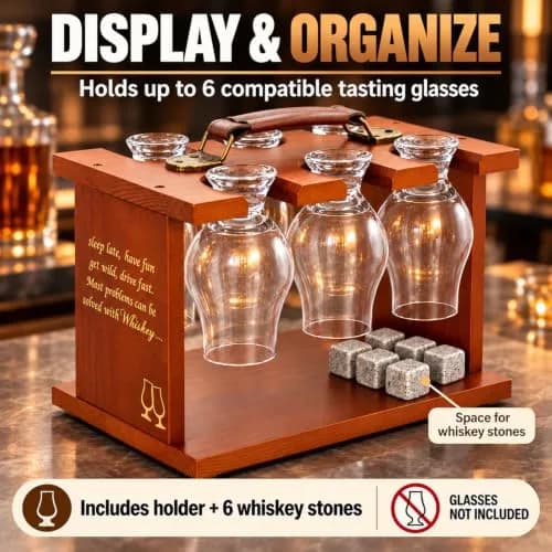 DOUDIZHU Wooden Whiskey Tasting Glass Organizer with Stones | Holds 6 Glencairn thumbnail 2
