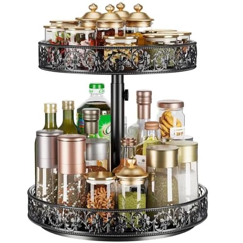 HISKIWUU 2 Tier Lazy Susan Organizer Turntable Height Adjustable | Durable Metal, 360° Swivel, Black thumbnail 1