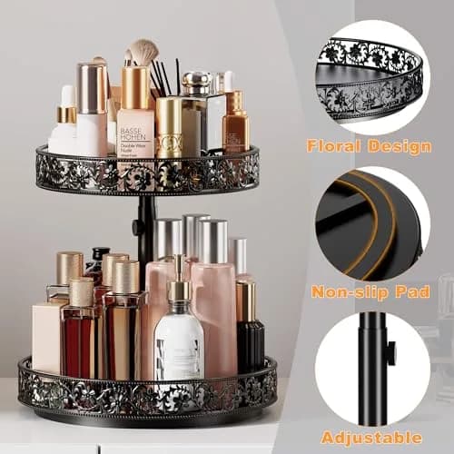 HISKIWUU 2 Tier Lazy Susan Organizer Turntable Height Adjustable | Durable Metal, 360° Swivel, Black thumbnail 4