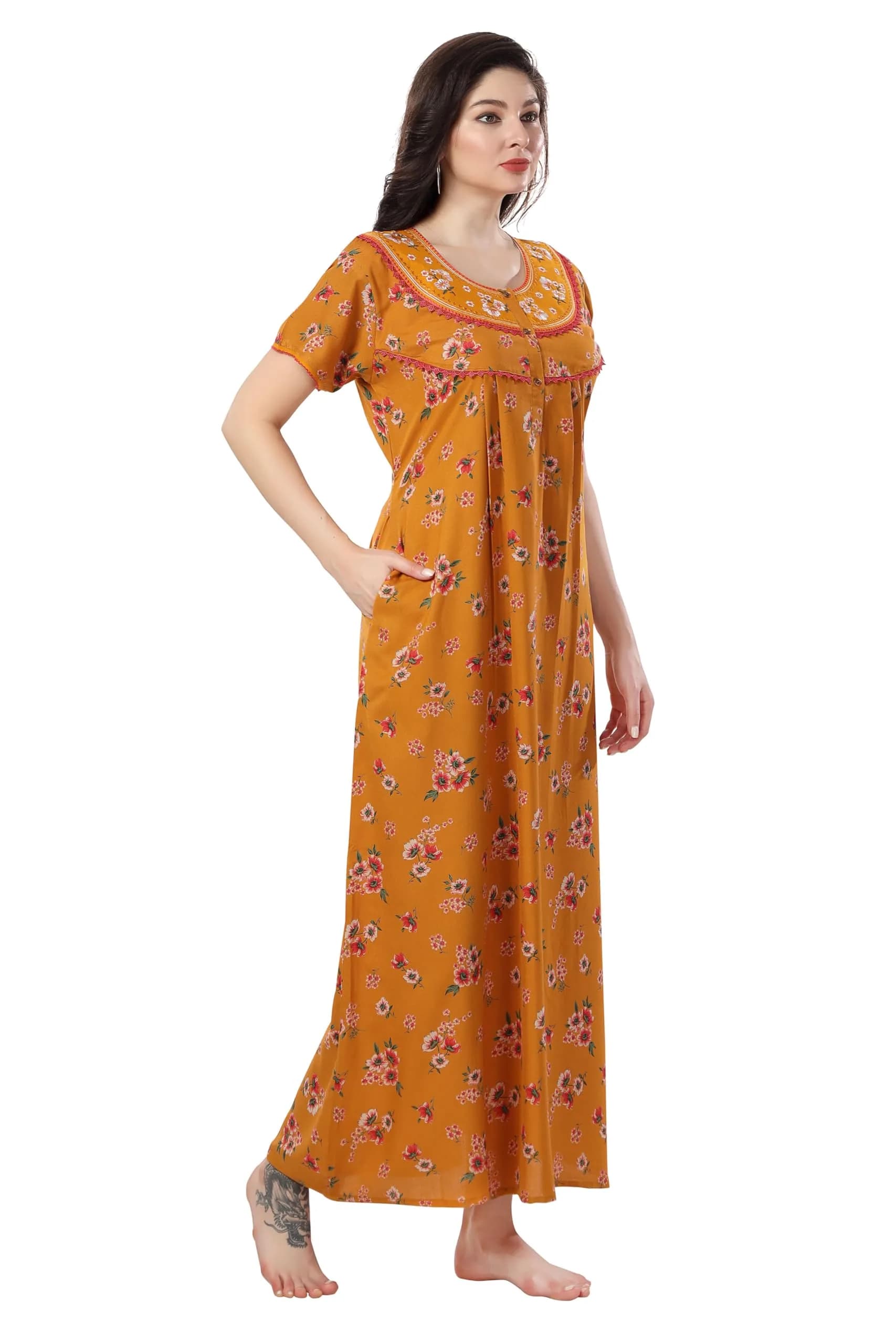 Soulemo Women's Alpine Nighty 1642 Yellow M - Bust 42 | Full Length Button Closure Nightgown - view 7