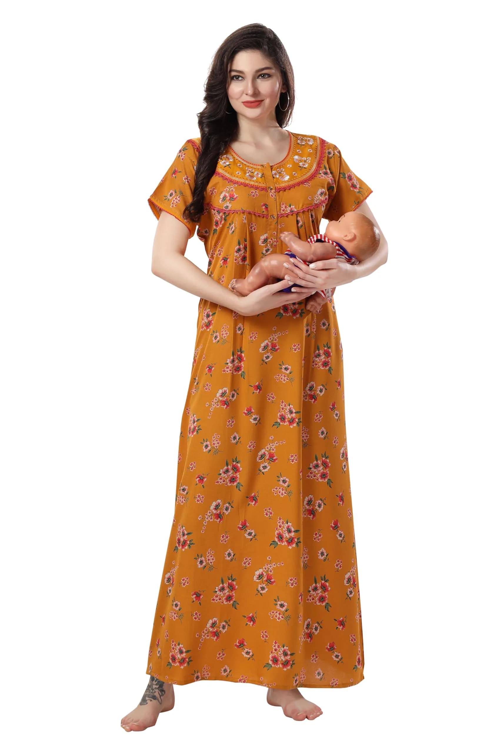 Soulemo Women's Alpine Nighty 1642 Yellow M - Bust 42 | Full Length Button Closure Nightgown - view 9