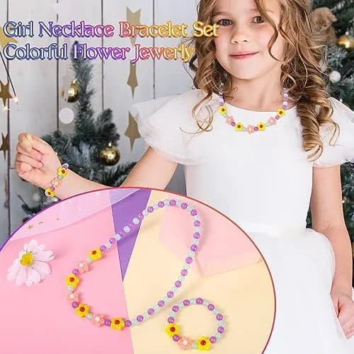 Yarkeuier Flower Beads Jewelry Set for Girls | 44cm (17") Necklace, 16cm (6.3") Bracelet thumbnail 4