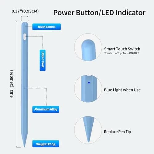 Tresoba Stylus Pencil for Apple iPad 2018-2026 | Palm Rejection & Fast Charge (165mm, Blue) thumbnail 3