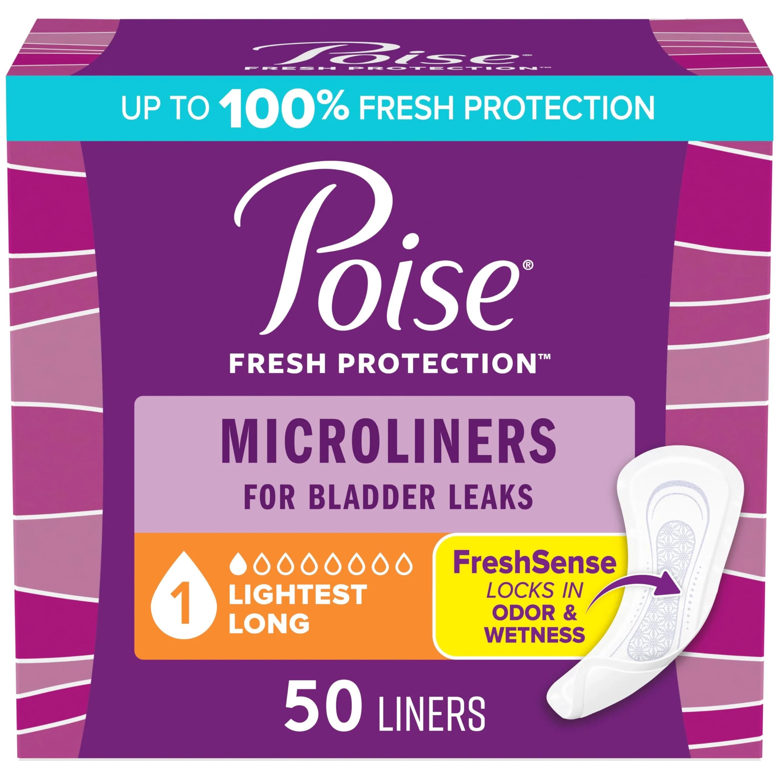 Poise Very Light Absorbency Long Length Daily Liners - 50 Count | USA Imported Incontinence Protection - main product image