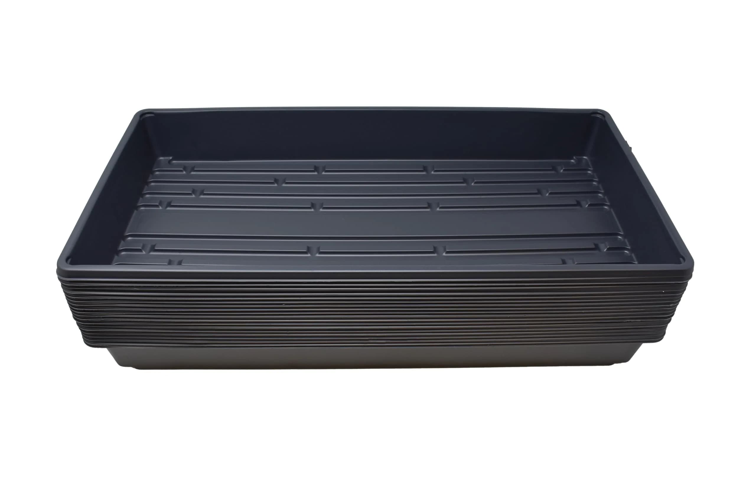 Living Whole Foods 100 Pack of Durable Black Plastic Growing Trays (Without Drain Holes) 21" x 11" x 2" for Seedlings & Microgreens — Black