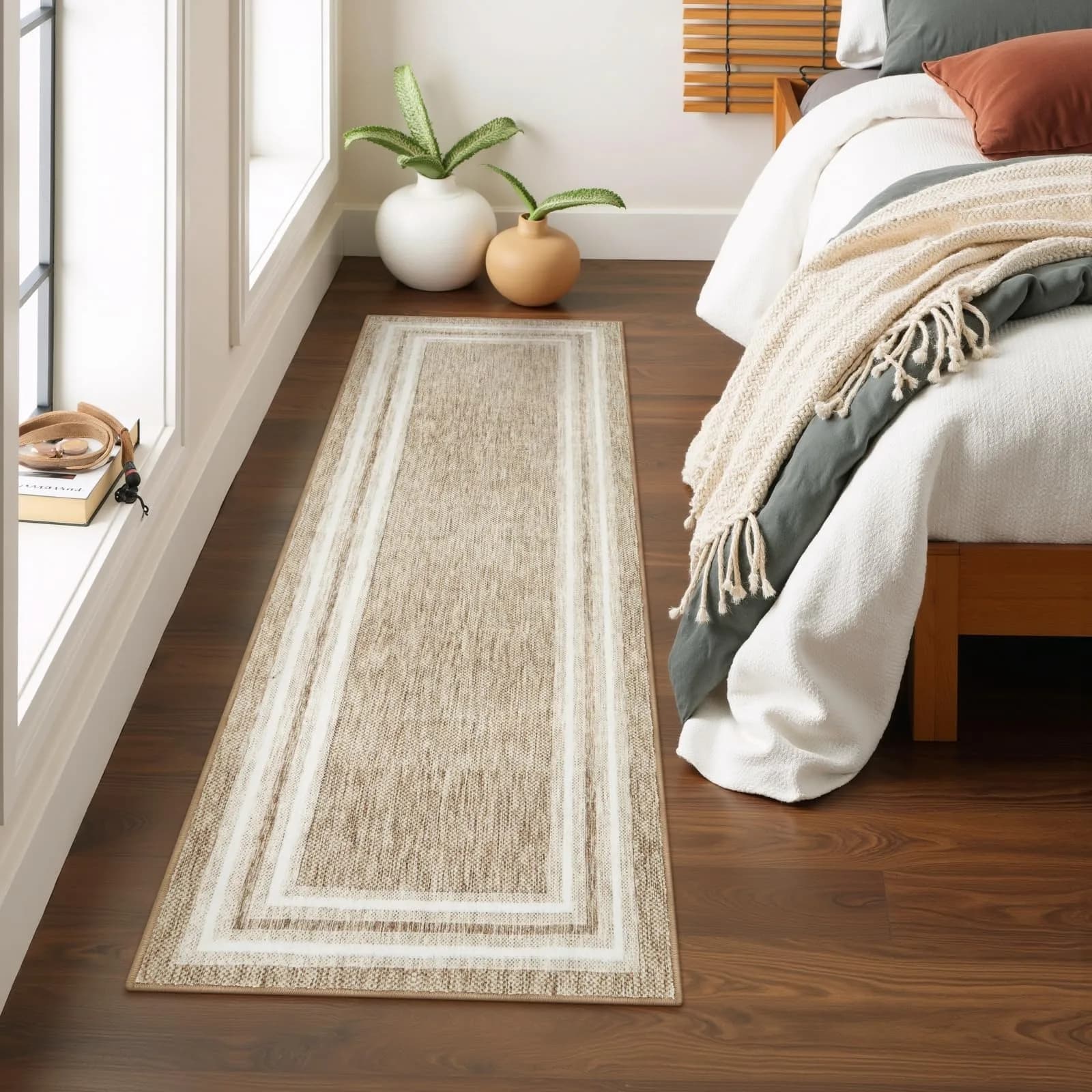 OJIA Modern Washable Runner Rug 61cm (2') x 183cm (6') | Non-Slip Printed Carpet for Hallway & Kitchen — Beige