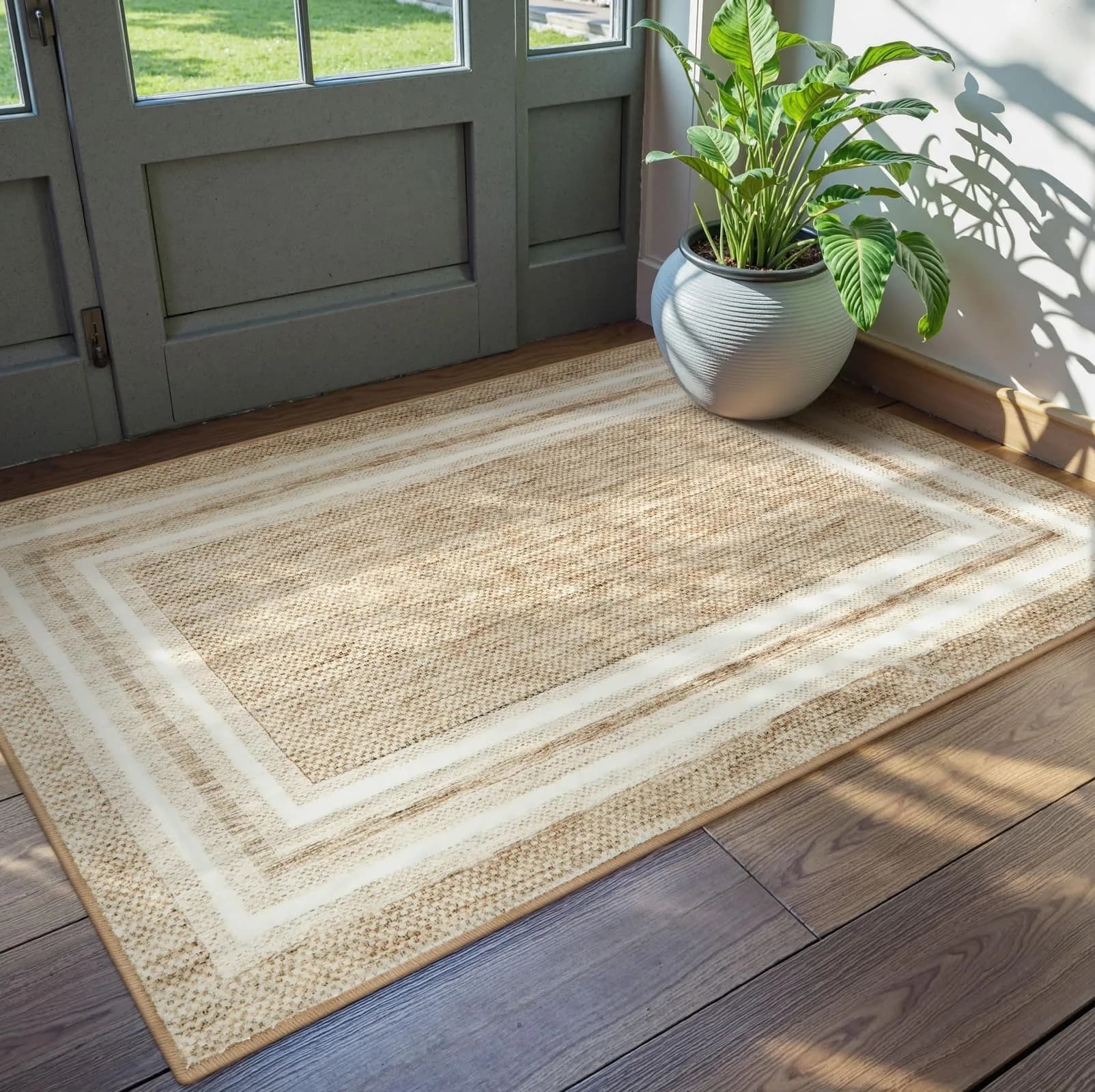 OJIA Modern Bordered Washable Rug 90cm (3') x 152cm (5') | Non-Slip Indoor Entryway Rug — Beige