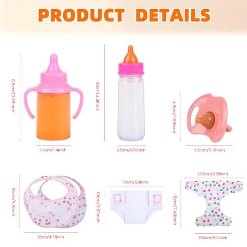 CARANOVO Baby Doll Accessories Set, 7 Pcs Pink | Realistic Feeding & Caring Kit for 3+ Kids thumbnail 4