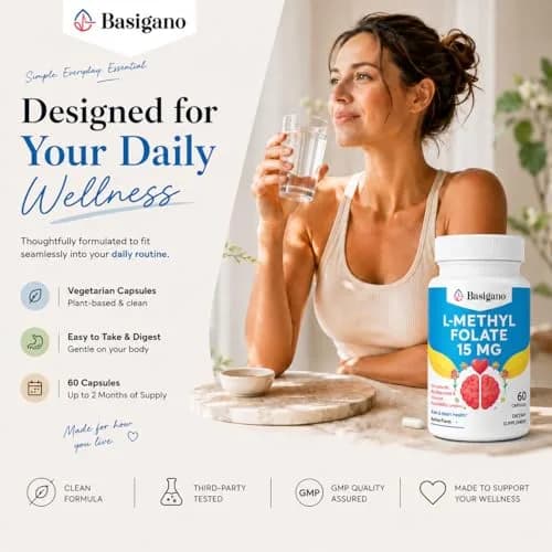 Basigano 15mg L-Methylfolate Capsules | Active Folic Acid with Vitamins B6 & B12 (60 Vegetarian Capsules) thumbnail 6