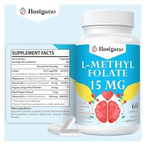 Basigano 15mg L-Methylfolate Capsules | Active Folic Acid with Vitamins B6 & B12 (60 Vegetarian Capsules) thumbnail 2