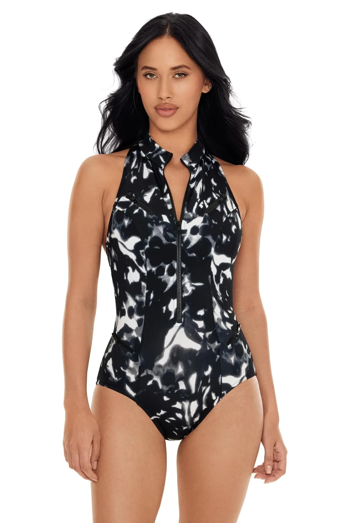 MagicSuit Women's Swimwear Dream State Coco High Neck Racerback Underwire Zip One Piece Swimsuit, Black/Multi, 12 | Slimming, Full Coverage & Support