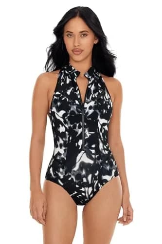 MagicSuit Women's Swimwear Dream State Coco High Neck Racerback Underwire Zip One Piece Swimsuit, Black/Multi, 12 | Slimming, Full Coverage & Support thumbnail 1