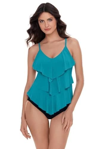 MagicSuit Women's Swimwear Solid Rita V-Neck Tankini Top with Soft Cup Bra and Adjustable Straps, Pacific, 10 | Flattering, Supportive & Slimming thumbnail 1