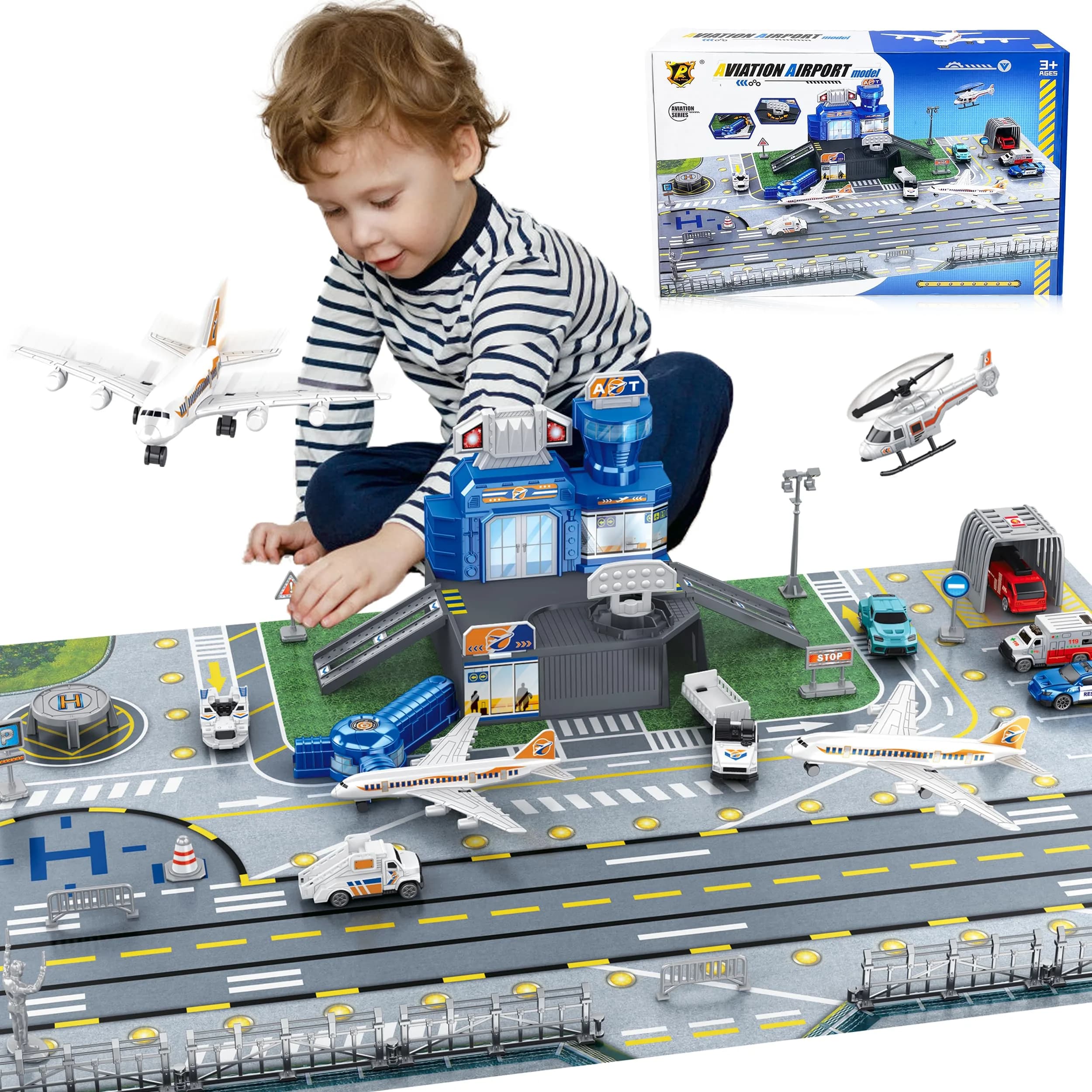 XDUOYJOY Airplane Toy Set with Trucks, Helicopter, Planes, Airport Playmat | Educational Toy Vehicle Set for Kids 3-8 — Sky Blue