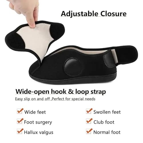TIESTRA Men's Memory Foam Diabetic Boots Slippers Lightweight Comfortable Breathable No Sweat Edema Swollen House Shoes Adjustable Wide Indoor/Outdoor Slip On Bedroom Slipper Black EU46/US13 thumbnail 5