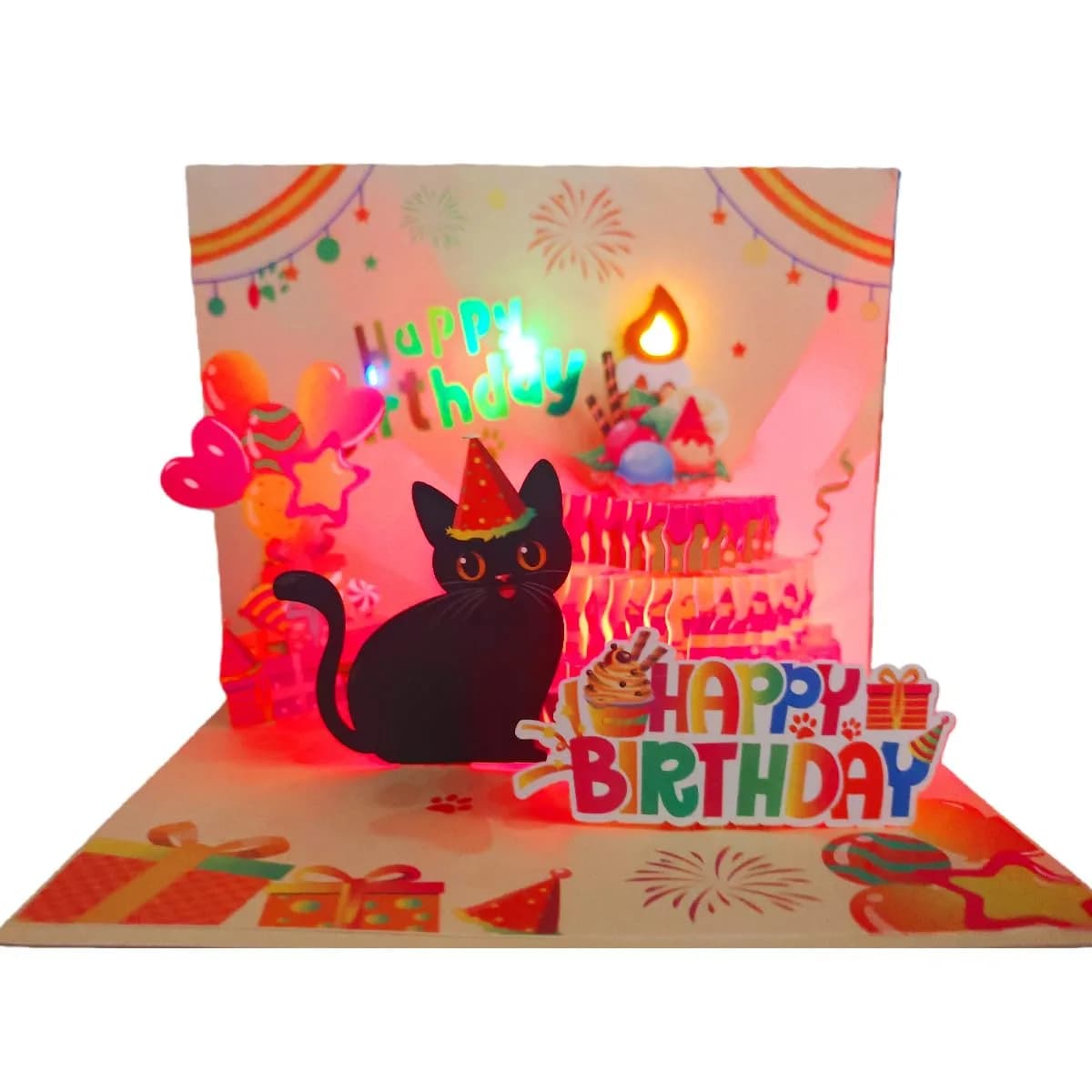 Akeydeco Cat Light Birthday Pop-Up Card with Musical Cake Design & LED - main product image