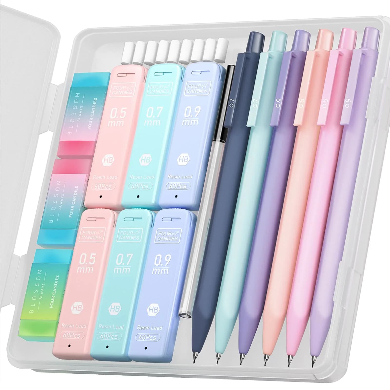 Four Candies Cute Mechanical Pencil Set, 6 Count (Pack of 1) | 0.5mm, 0.7mm, 0.9mm with 360 Leads & Erasers - main product image