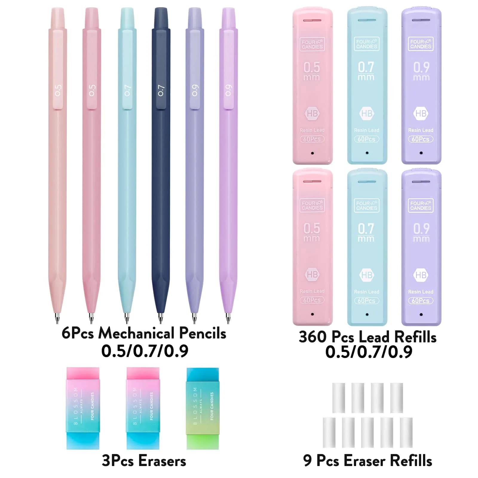 Four Candies Cute Mechanical Pencil Set, 6 Count (Pack of 1) | 0.5mm, 0.7mm, 0.9mm with 360 Leads & Erasers - view 6