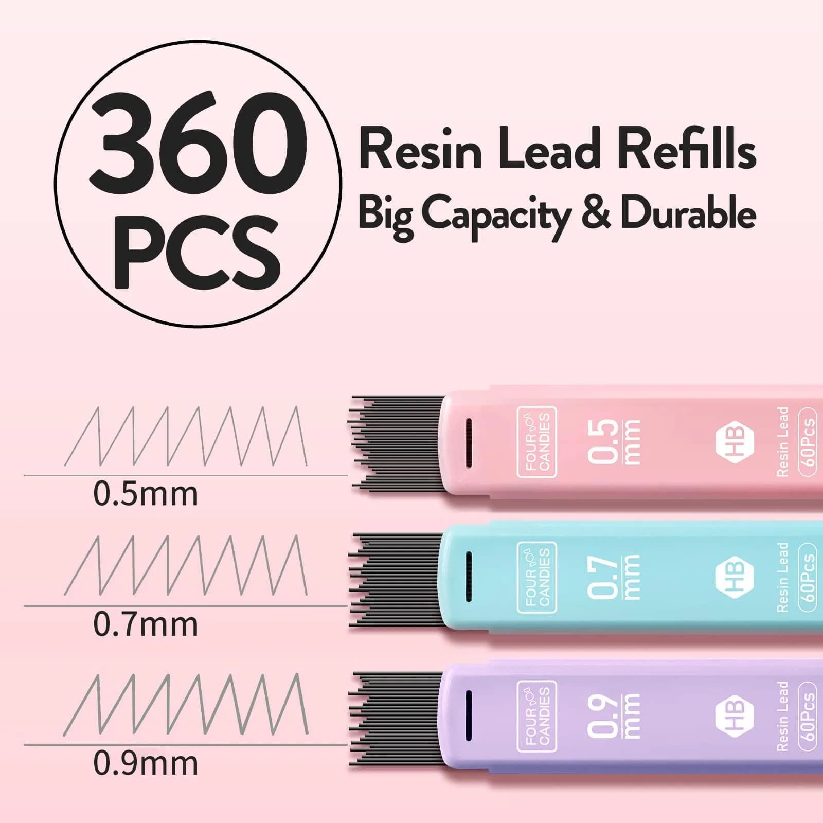 Four Candies Cute Mechanical Pencil Set, 6 Count (Pack of 1) | 0.5mm, 0.7mm, 0.9mm with 360 Leads & Erasers - view 2