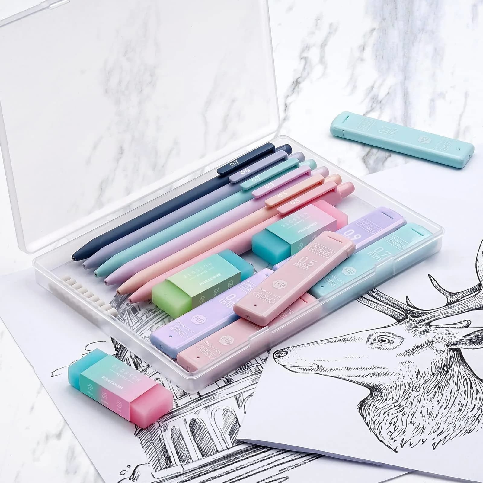 Four Candies Cute Mechanical Pencil Set, 6 Count (Pack of 1) | 0.5mm, 0.7mm, 0.9mm with 360 Leads & Erasers - view 4