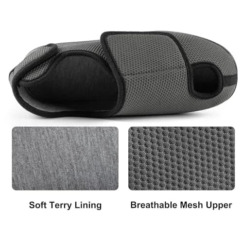 Ravelier Men's Diabetic Wide Waffle Knit Adjustable Slipper, 8W, Grey | Comfortable, Breathable & Secure Fit thumbnail 5