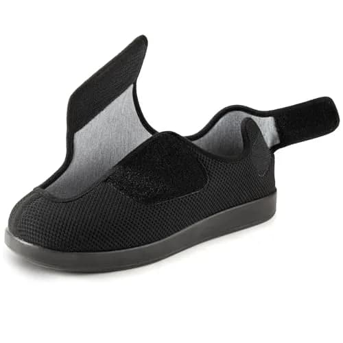 Ravelier Men's Diabetic Wide Waffle Knit Adjustable Slipper, 10W, Black | Comfortable, Breathable & Easy Wear for Sensitive Feet thumbnail 1