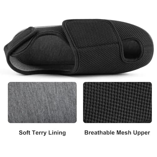Ravelier Men's Diabetic Wide Waffle Knit Adjustable Slipper, 10W, Black | Comfortable, Breathable & Easy Wear for Sensitive Feet thumbnail 5