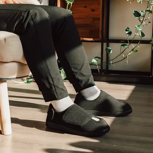 Ravelier Men's Diabetic Wide Waffle Knit Adjustable Slipper, 10W, Black | Comfortable, Breathable & Easy Wear for Sensitive Feet thumbnail 2