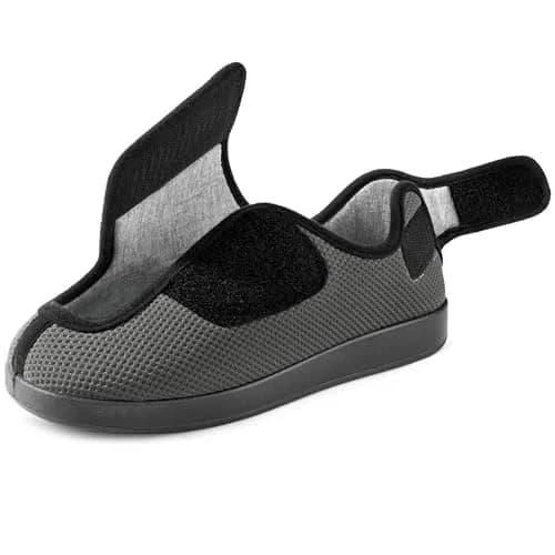 Ravelier Men's Diabetic Wide Waffle Knit Adjustable Slipper, 13W, Grey | Breathable, Adjustable Fit for Sensitive Feet thumbnail 1
