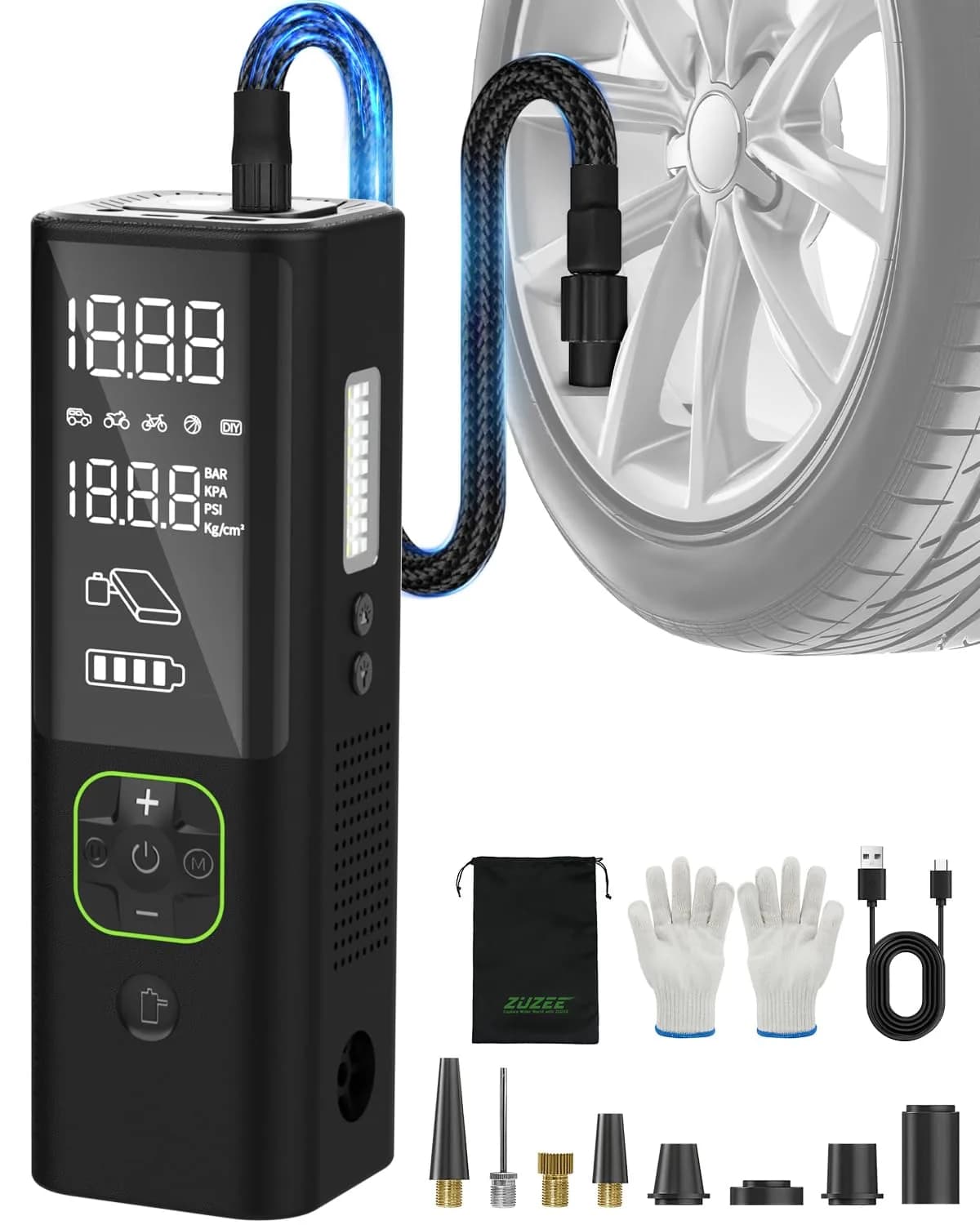 ZUZEE Portable Air Compressor 150PSI with HD Display | 3X Faster Inflation for Car, Moto, Bike, Balls, Mattresses