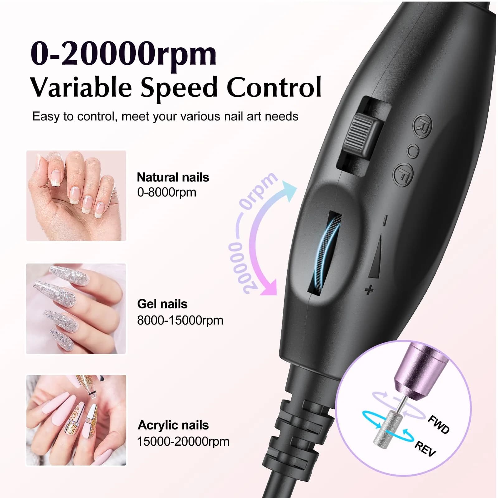 COSLUS C40 Electric Nail Drill | Precise Dial Speed Control, 20000 RPM, Dark Purple - view 8