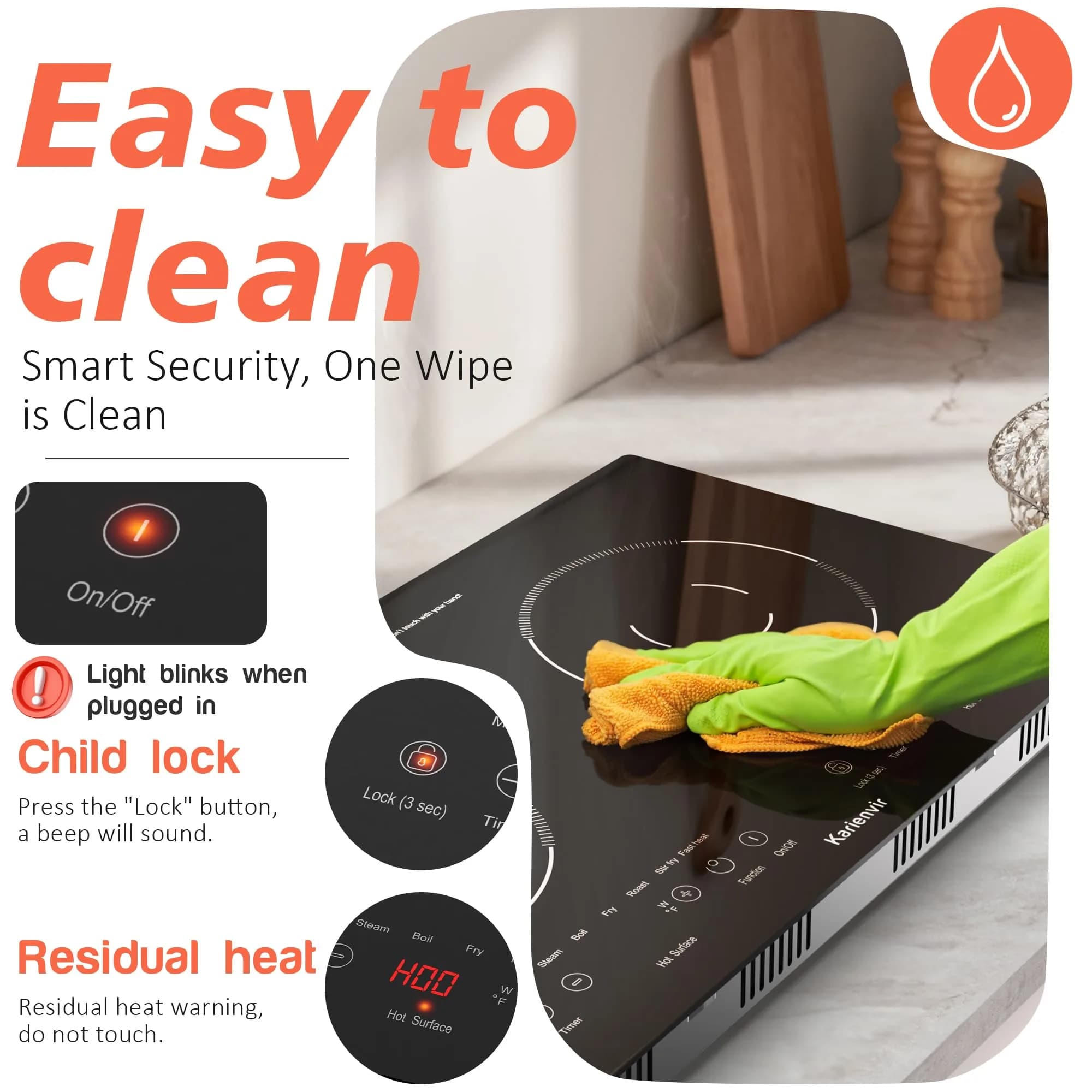 Karienvir 24" Electric Cooktop 2000W 110V | Touch Control, 8 Cooking Functions, Safety Lock, Timer - view 4