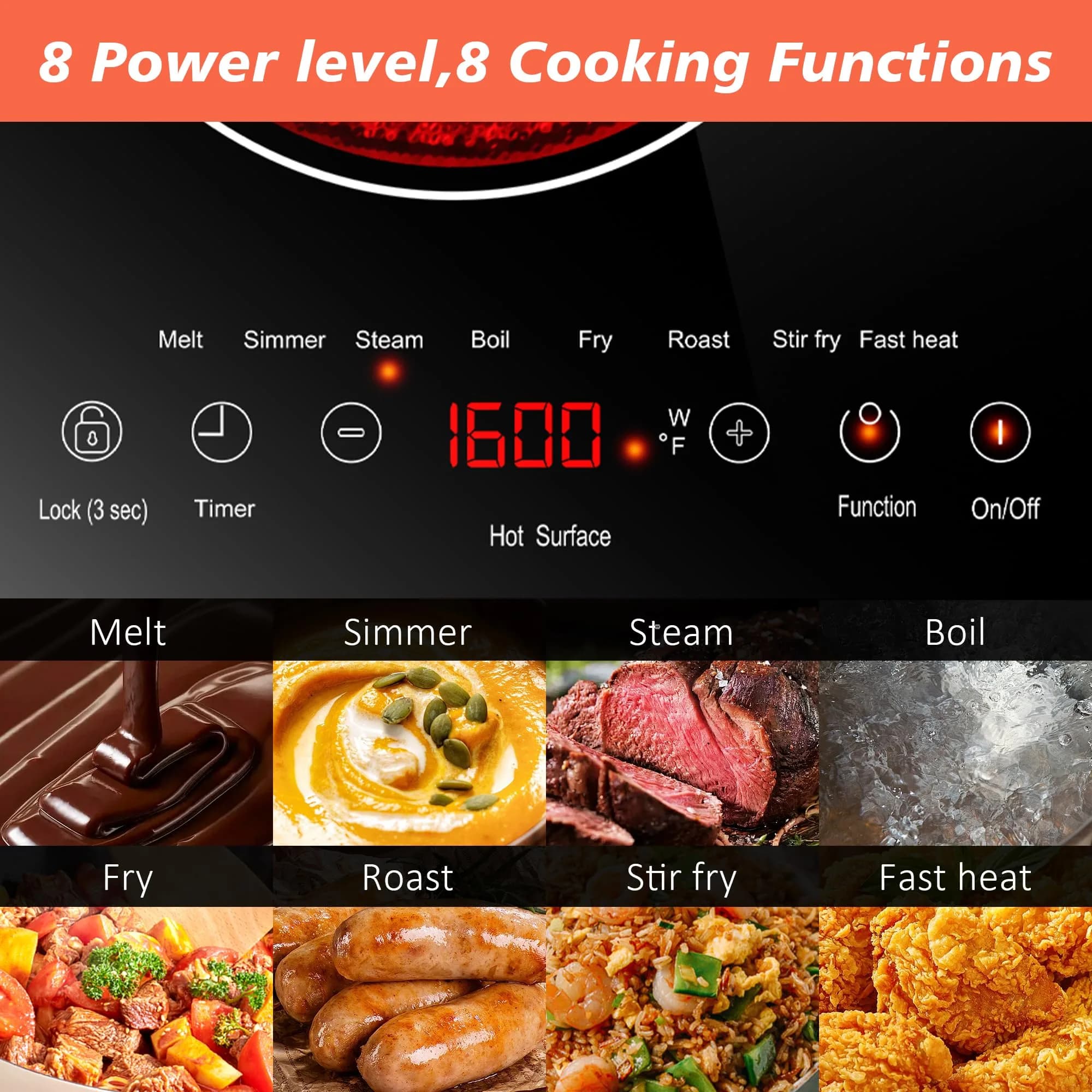 Karienvir 24" Electric Cooktop 2000W 110V | Touch Control, 8 Cooking Functions, Safety Lock, Timer - view 6