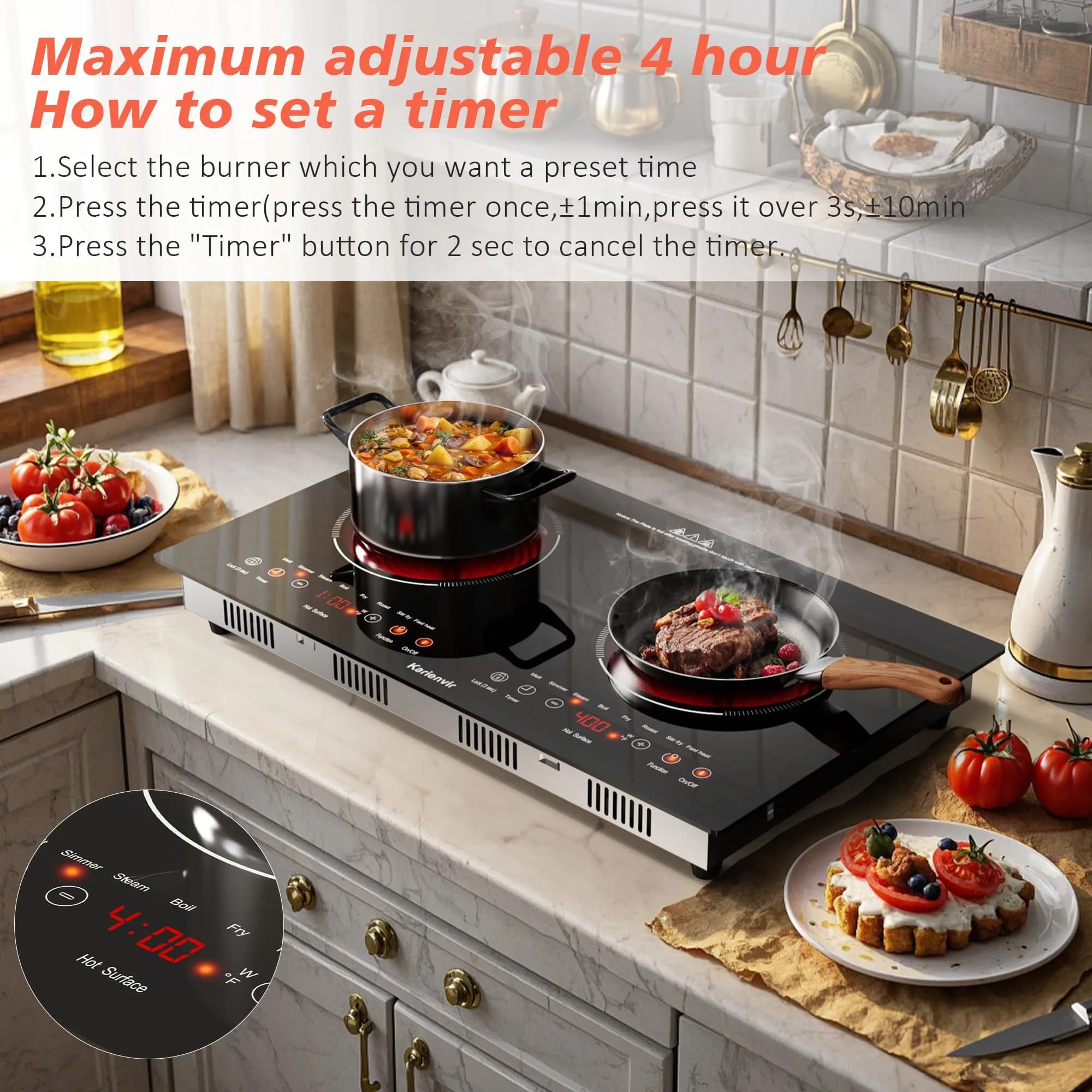 Karienvir 24" Electric Cooktop 2000W 110V | Touch Control, 8 Cooking Functions, Safety Lock, Timer - view 2