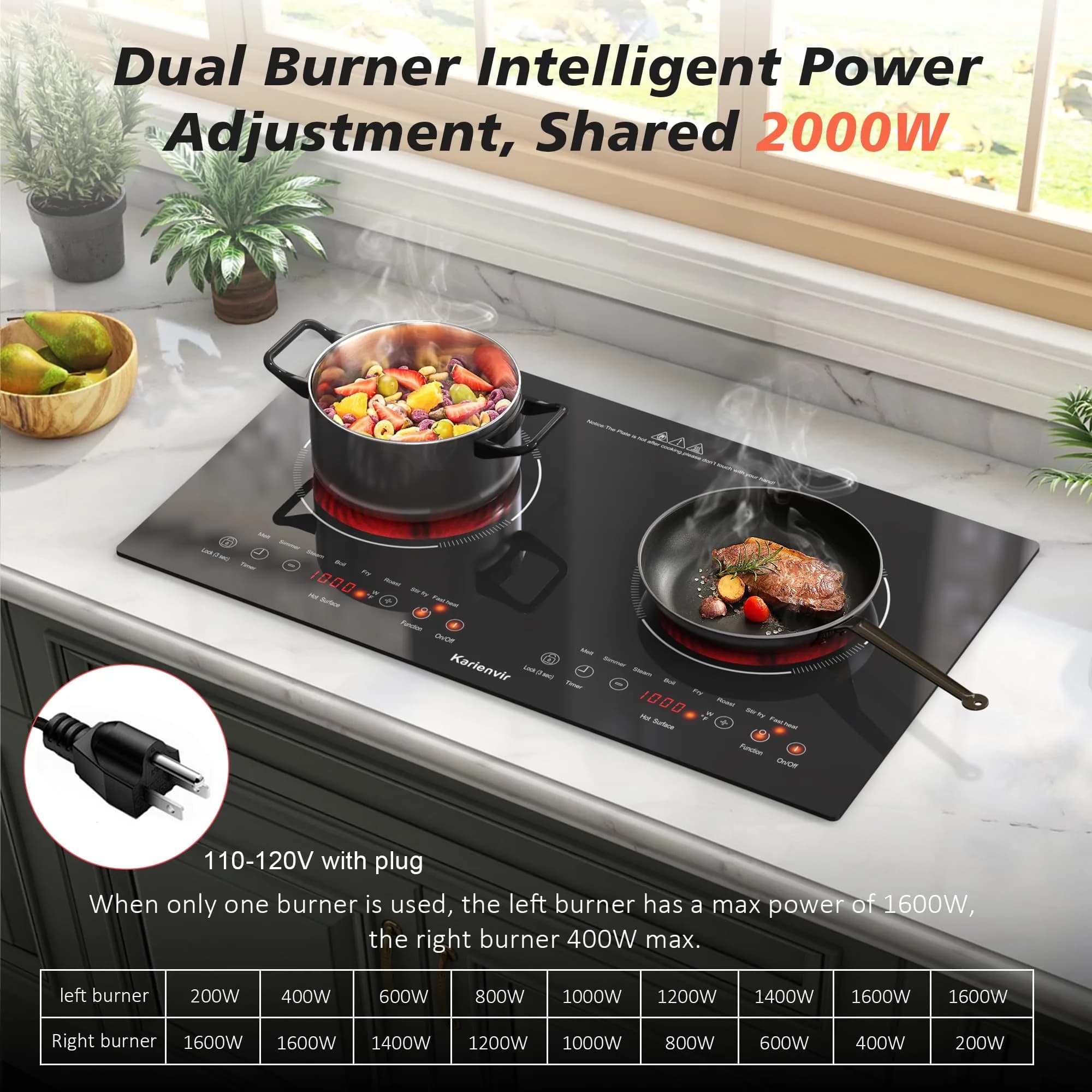 Karienvir 24" Electric Cooktop 2000W 110V | Touch Control, 8 Cooking Functions, Safety Lock, Timer - view 3