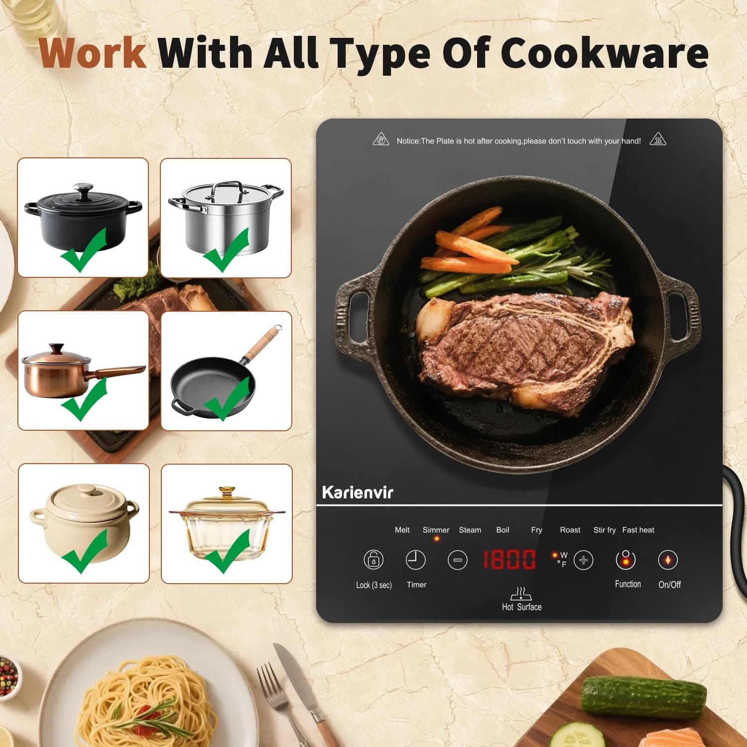 Karienvir Single Burner Electric Cooktop 1800W (25cm x 30cm x 59cm) | Touch Control, 9 Power Levels, 220V Compatible - view 5