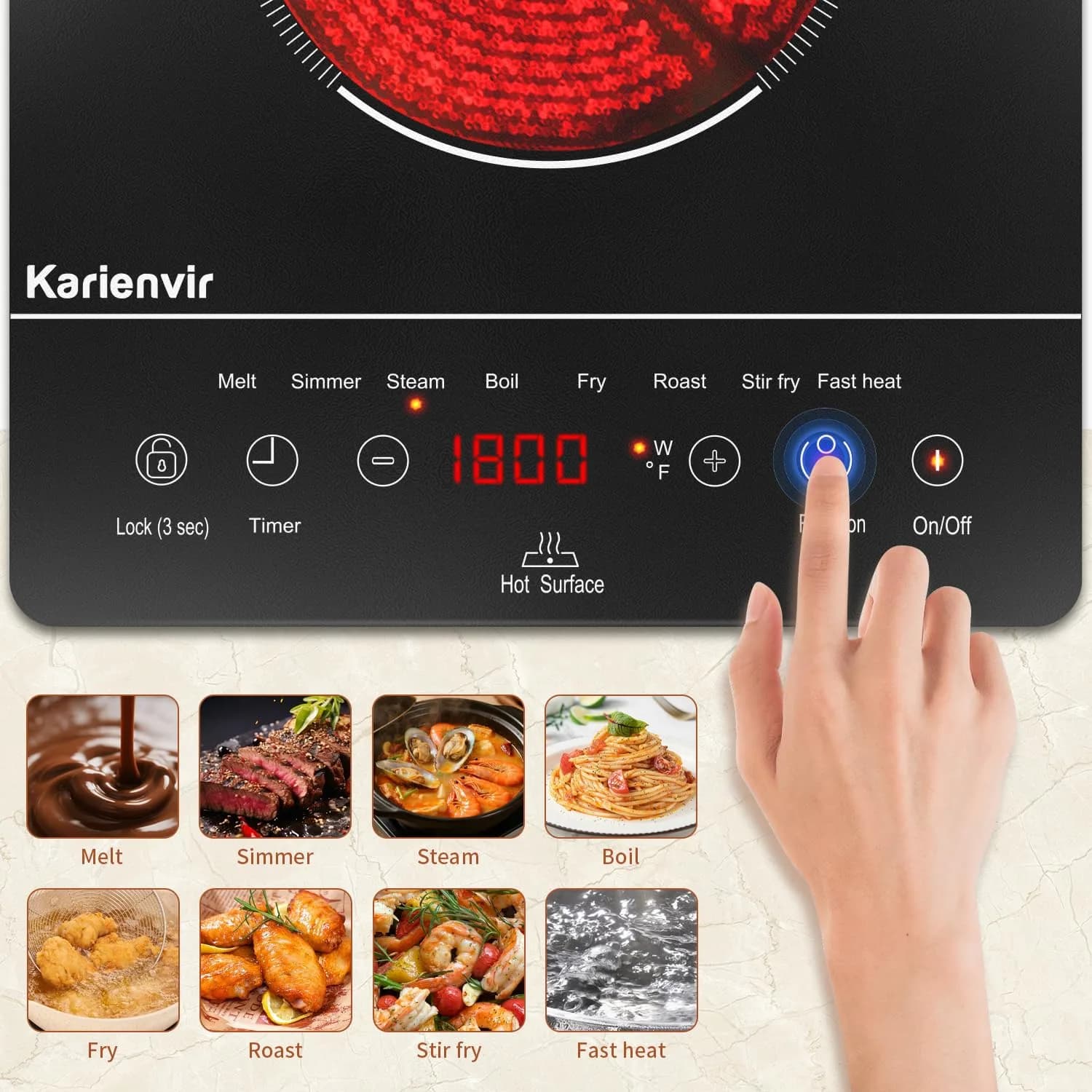 Karienvir Single Burner Electric Cooktop 1800W (25cm x 30cm x 59cm) | Touch Control, 9 Power Levels, 220V Compatible - view 2
