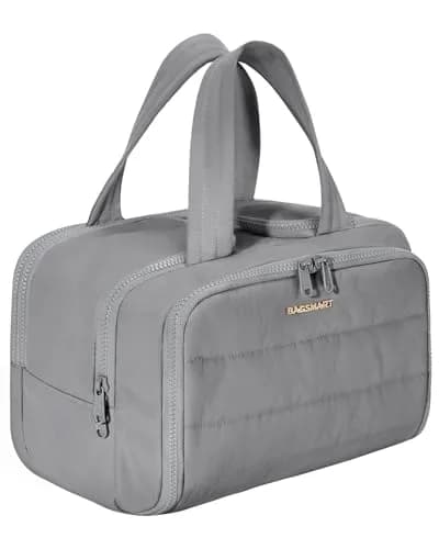 BAGSMART Puffy Travel Toiletry Bag for Women - Large Wide-open Cosmetic Makeup Organizer with Handle, Grey | Lightweight & Water-Resistant thumbnail 1
