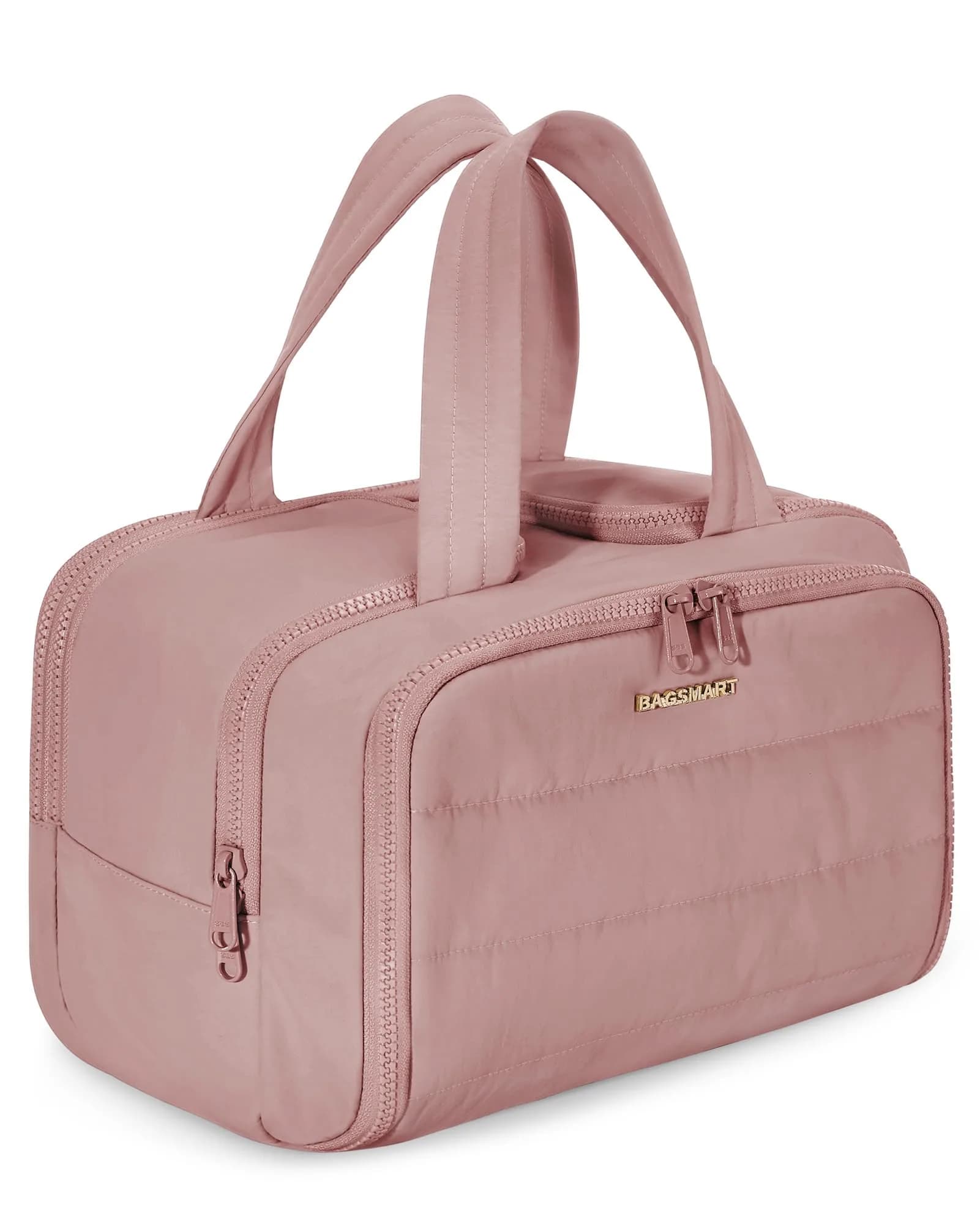 BAGSMART Puffy Cosmetic Makeup Bag Organizer for Women, 29.97cm x 18.54cm x 22.02cm (11.8''L x 7.3''Wx 8.73'H) | Wide-Open Travel Toiletry Bag with Handle — Dark Pink