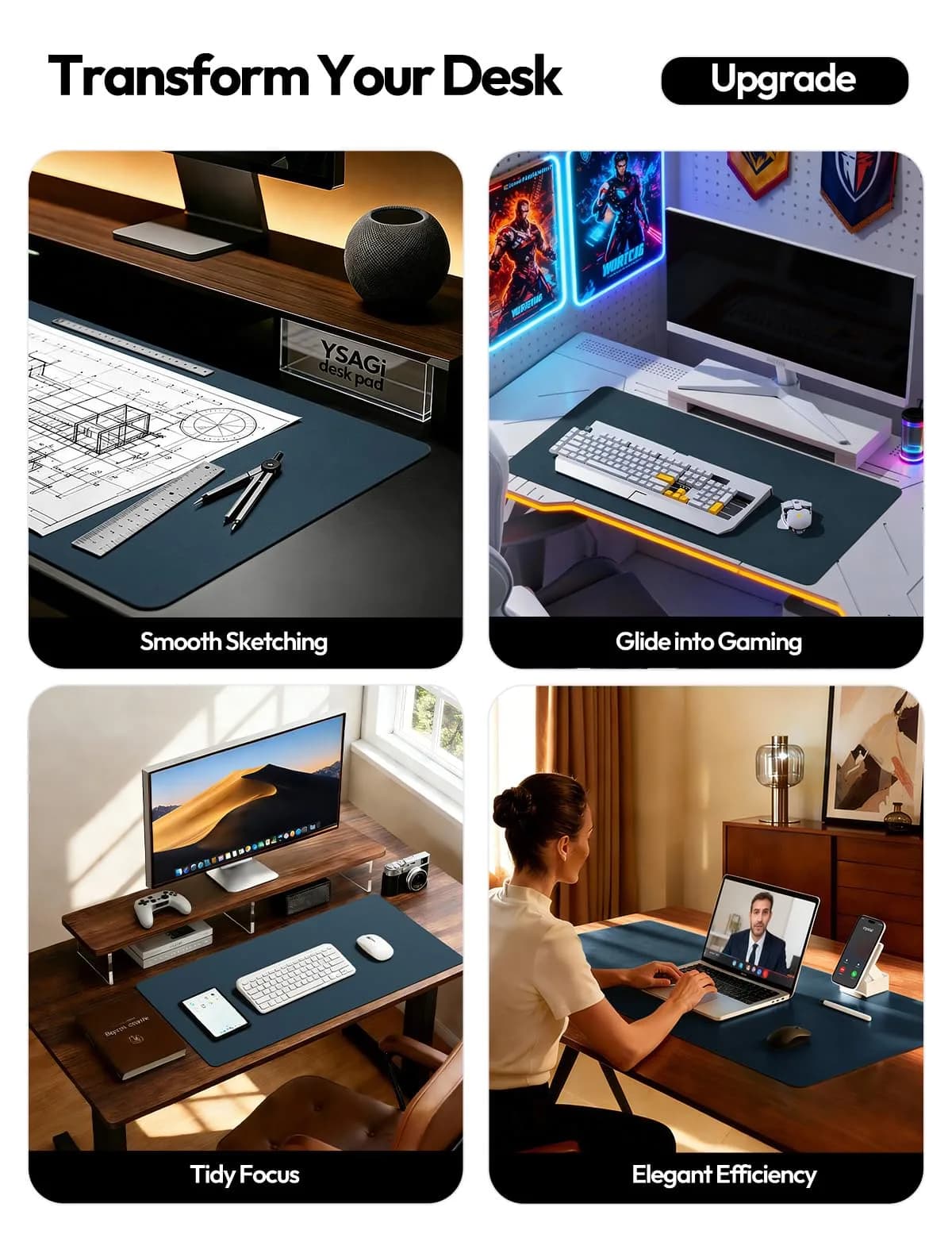 YSAGi PU Leather Desk Protector Mat with Large Mouse Pad, Dark Blue, 35.4" x 17" | Protects Desk Surface - view 2