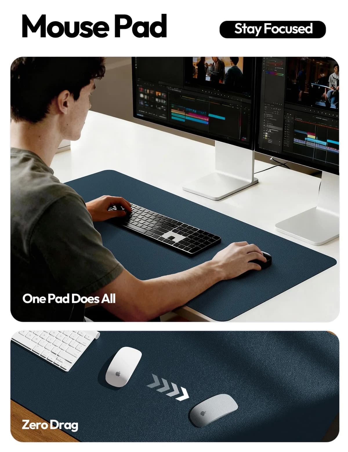 YSAGi PU Leather Desk Protector Mat with Large Mouse Pad, Dark Blue, 35.4" x 17" | Protects Desk Surface - view 4