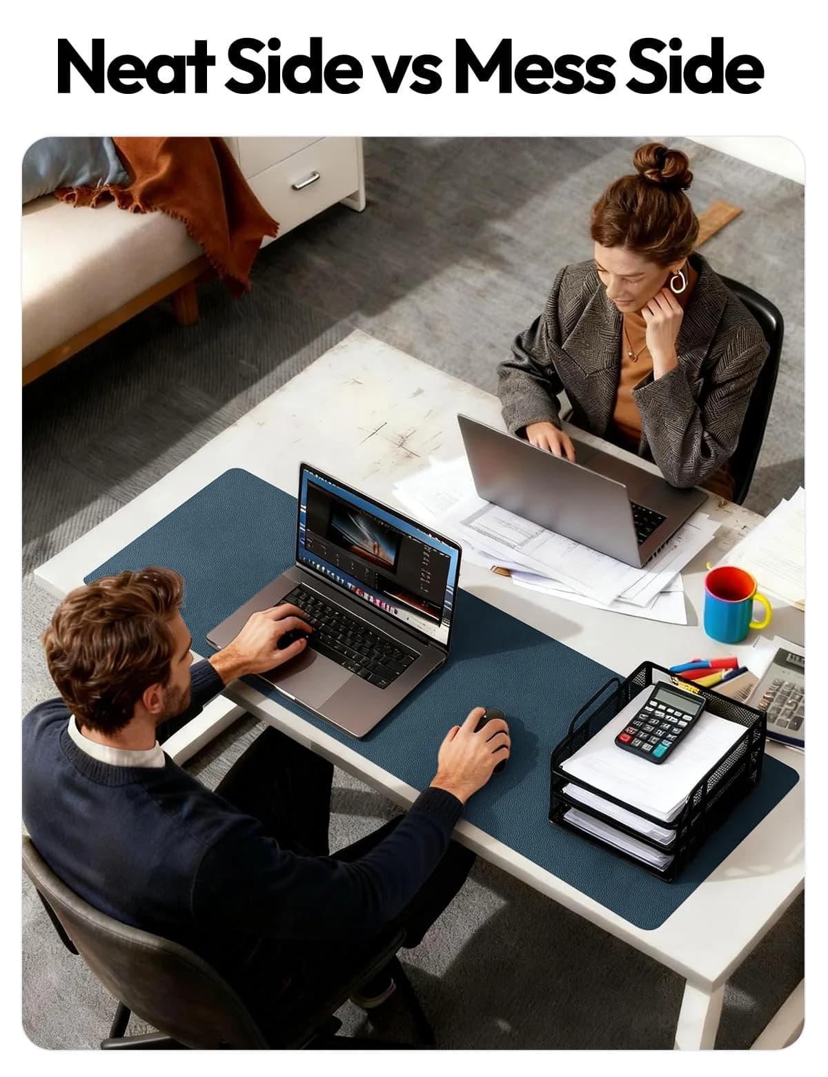 YSAGi PU Leather Desk Protector Mat with Large Mouse Pad, Dark Blue, 35.4" x 17" | Protects Desk Surface - view 6
