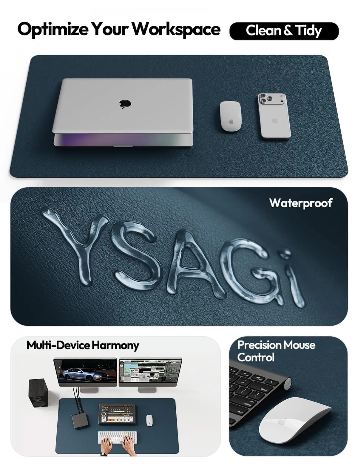 YSAGi PU Leather Desk Protector Mat with Large Mouse Pad, Dark Blue, 35.4" x 17" | Protects Desk Surface - view 8