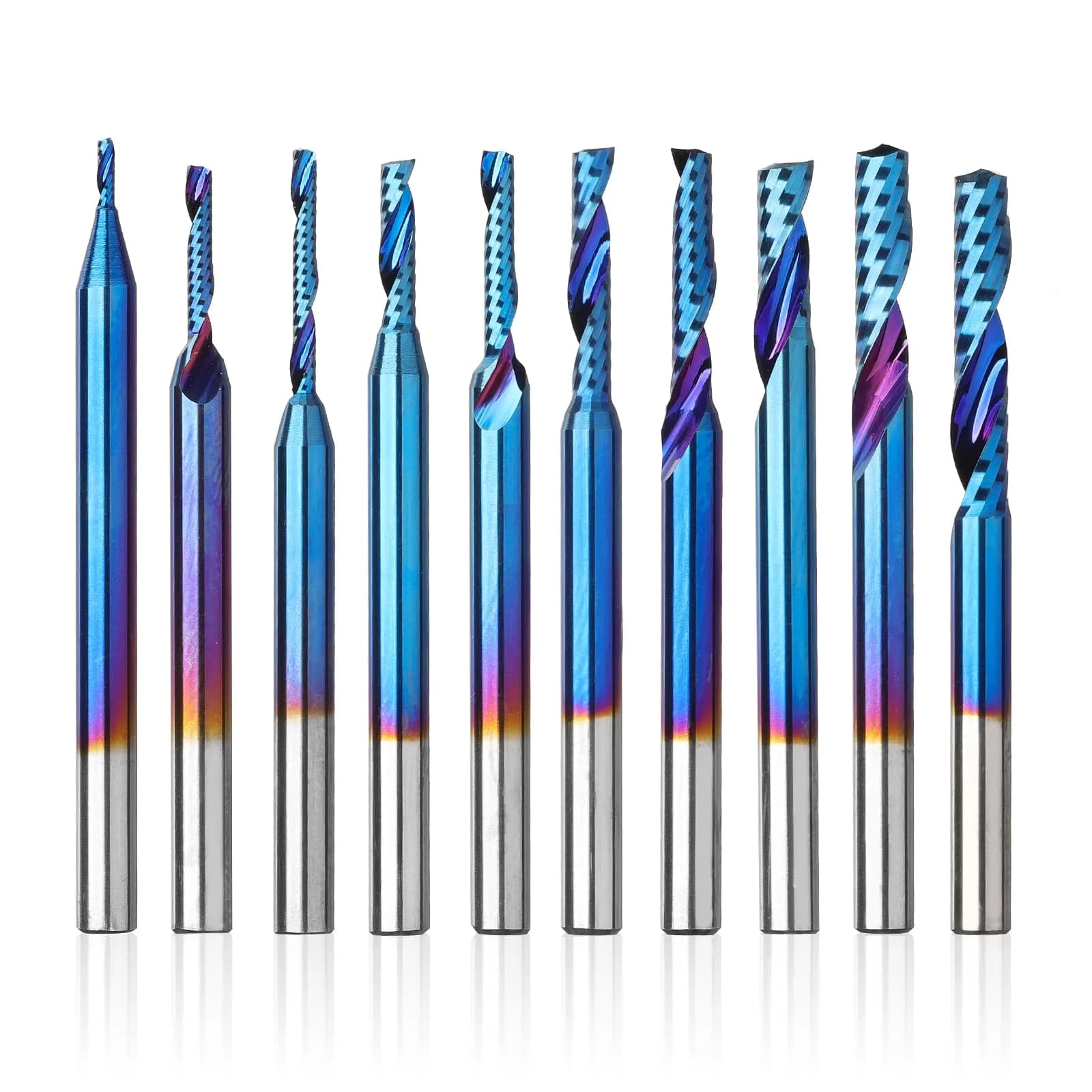 Genmitsu 1/8 Inch Shank 10pcs Carbide Spiral O Flute End Mill for Metal & Wood | Nano Blue Coating, 91.5 HRA, Perfect for Aluminum, Copper, PVC, PCB